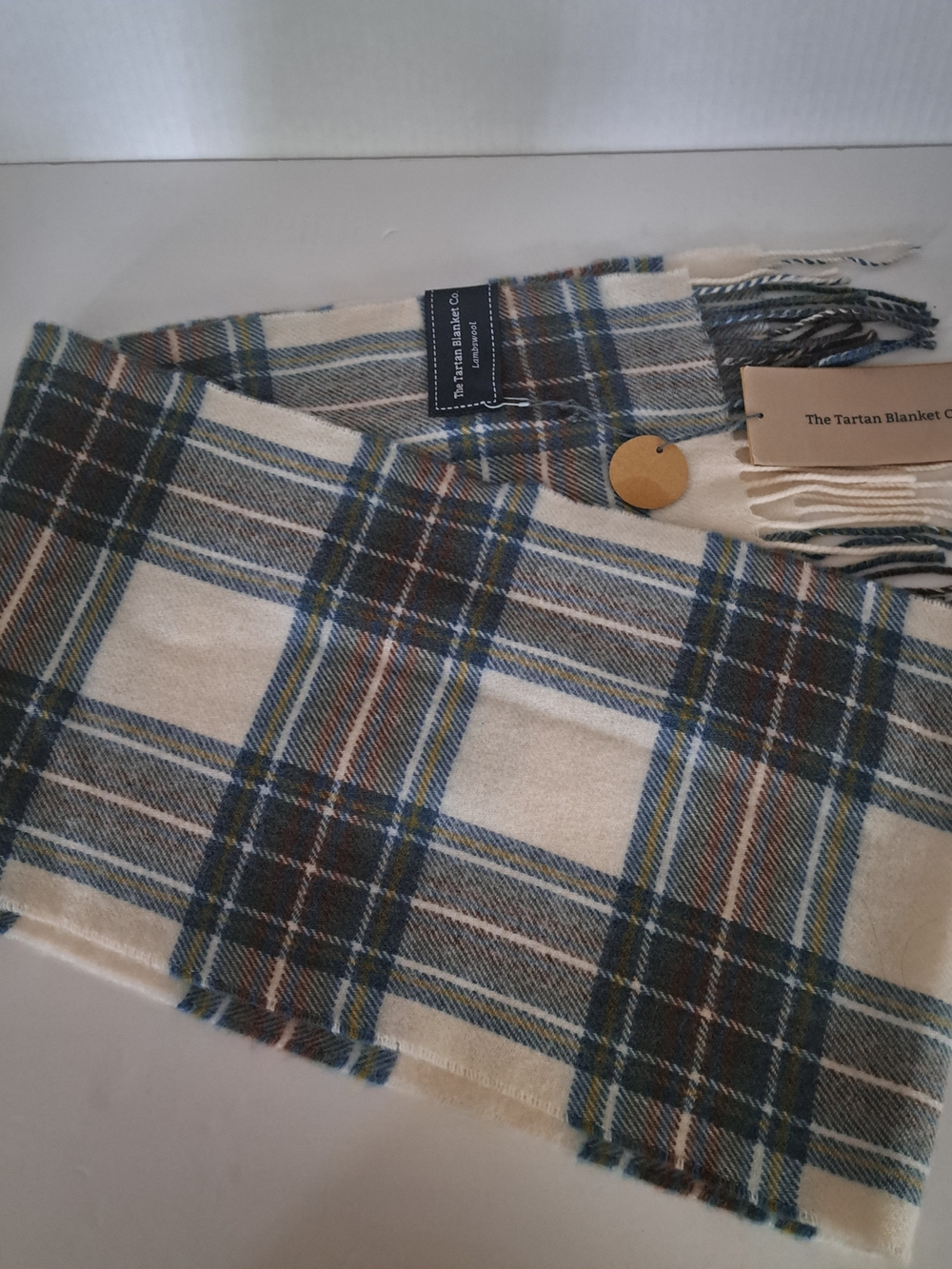 Scottish Cream Plaid Wool Scarf with Blue Accents